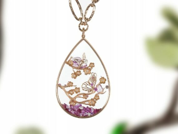 Alexandra Abramczyk Butterflies pendant mounted on rose gold with diamonds sapphires rose cut and rubies