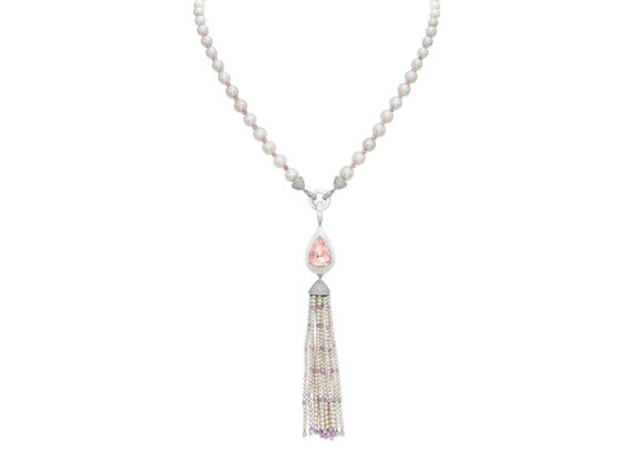 Boghossian Seed pearl tassel necklace with saltwater pearls and briolette-cut pink diamonds featuring 5.00 ct pink diamond inlaid into mother-of-pearl
