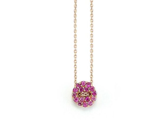 Buja Pink button necklace mounted on yellow gold with pink sapphires 