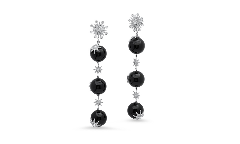 Colette Jewelry Star Ball Long earrings mounted on white gold with grey diamonds