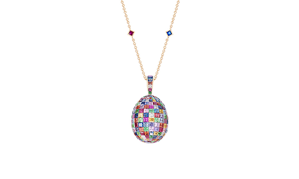 Fabergé Mosaic Multi-coloured Pendant from the Emotion collection features invisibly-set princess cut multi-coloured sapphires, Mozambican rubies, tsavorites and white diamonds, set in 18 karat yellow gold. 