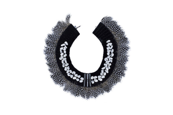 Parme Marin Feathery necklace with velvet, stones, mother of pearl buttons and feathers