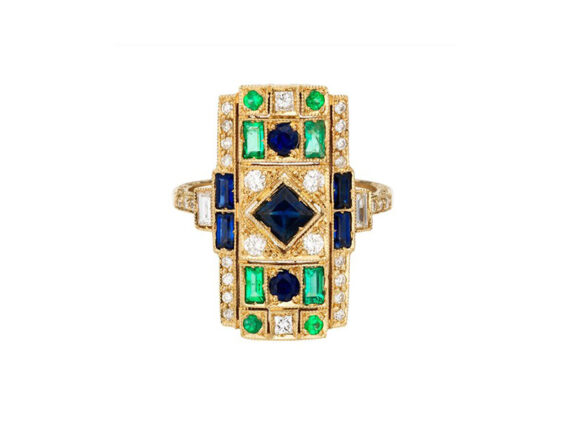 Sabine G Harlequin sapphire rectangle ring mounted on yellow gold with blue sapphire emerald and white diamonds ~ USD$ 8'380