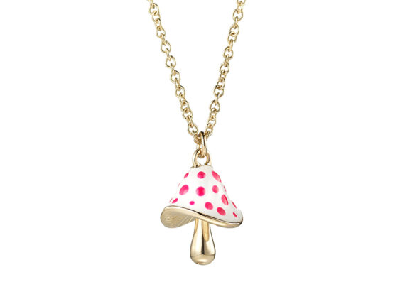 Shawish Magic mushroom mounted on yellow gold with white enamel and pink dot set with 1 diamond