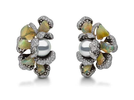 Yoko London Feronia earrings mounted on black and white gold with south sea pearls, diamonds and opals 