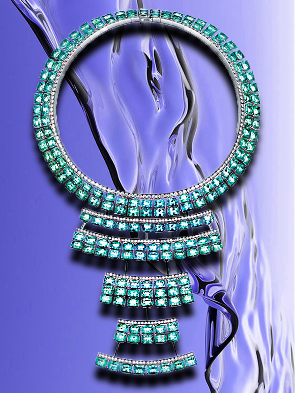 akillis guarani tribal necklace mounted on white gold with white diamond and Paraiba 