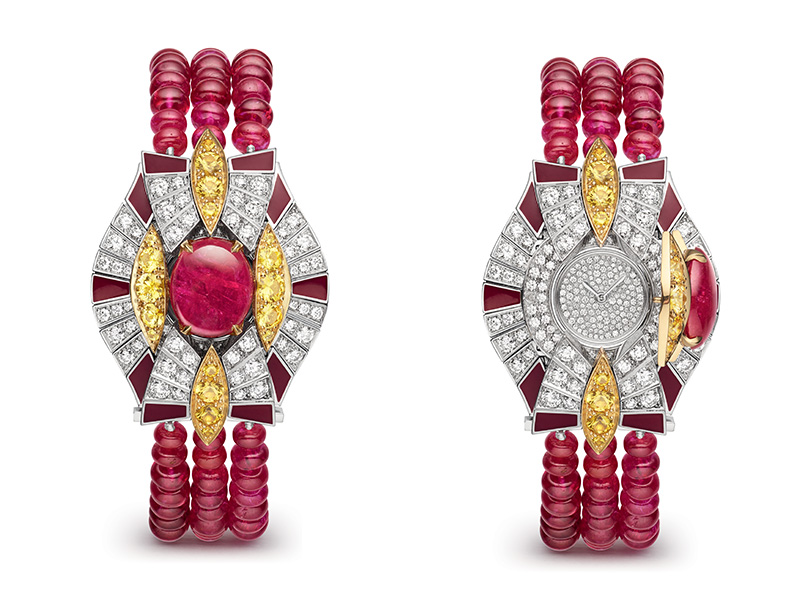 Chaumet – Trésors d’Afrique Secret Watch with lacquer and set with a ruby cabochon, yellow sapphires and diamonds