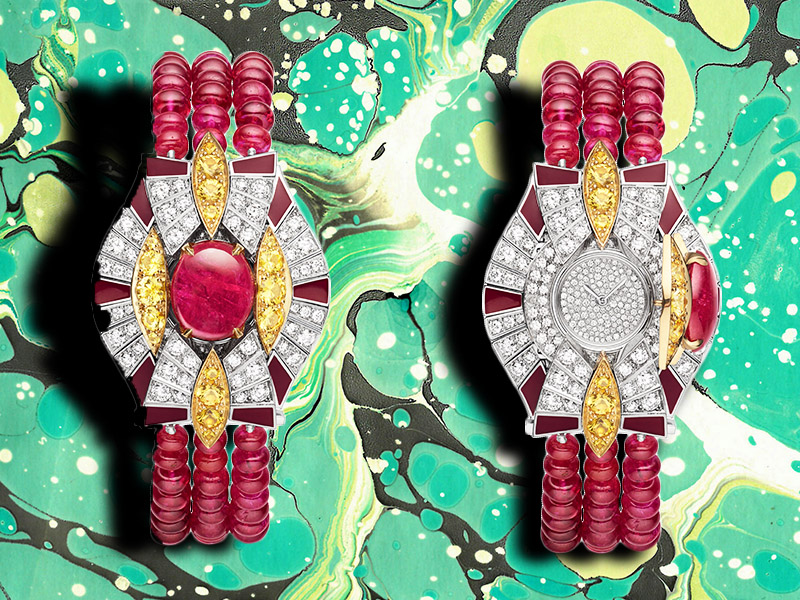 Chaumet Trésors d’Afrique Secret Watch with lacquer and set with a ruby cabochon, yellow sapphires and diamonds