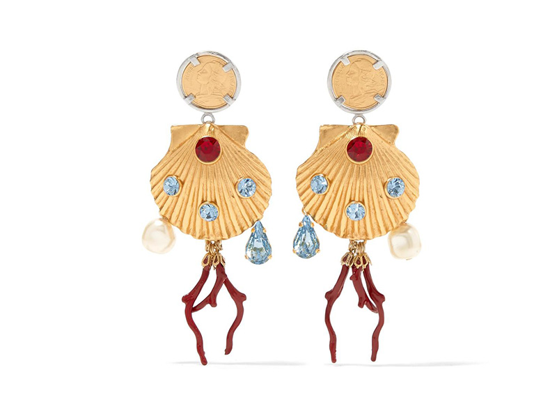 Dolce & Gabbana Gold-plated shells earrings with red enamel coral, colorful crystals and faux pearls