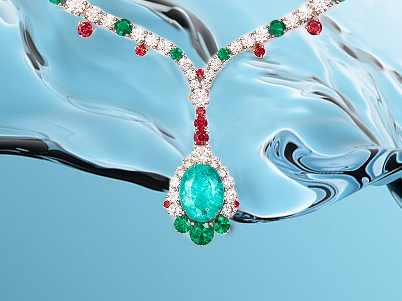 Pérouse Paris - Mozambique Paraiba necklace mounted on red gold and platinum, with emeralds, red spinels and diamonds