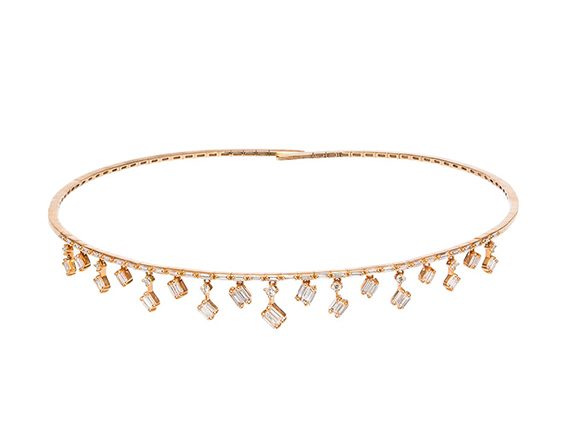 Suzanne Kalan Cascade Fireworks Charm Choker mounted on rose gold set with white diamond baguettes