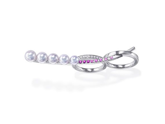 Tasaki Moulin double finger ring mounted on white gold set with diamonds, pink sapphires and akoya pearls