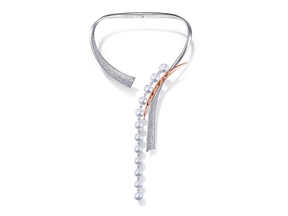 Tasaki Surrealism Waterfall necklace mounted on white gold set with diamonds and south sea pearls