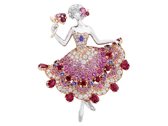 Van Cleef and Arpels Théia Princess clip with rubies, pink sapphires, black spinels and diamonds