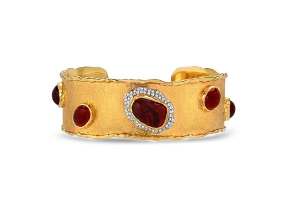 Victor Velyan Open Cuff mounted on gold with Mexican Fire Opals and diamonds