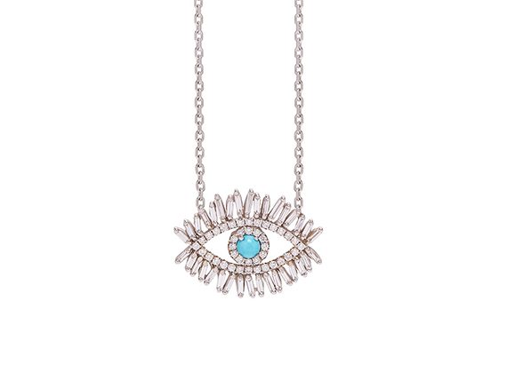 Suzanne Kalan Evil Eye Fireworks pendant mounted on white gold set with turquoise and white diamond baguettes