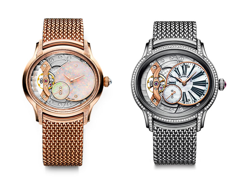 Audemars Piguet Millenary Frosted Gold Cadran Opale, made with rose gold and a Polish mesh bracelet; and Millenary remontage Manuel made with white nacre and rose gold, and a grey gold Polish mesh bracelet