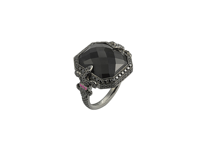 Laura Sayan Chouchane ring, made with black diamonds, onyx, red rubies set in black rhodium gold