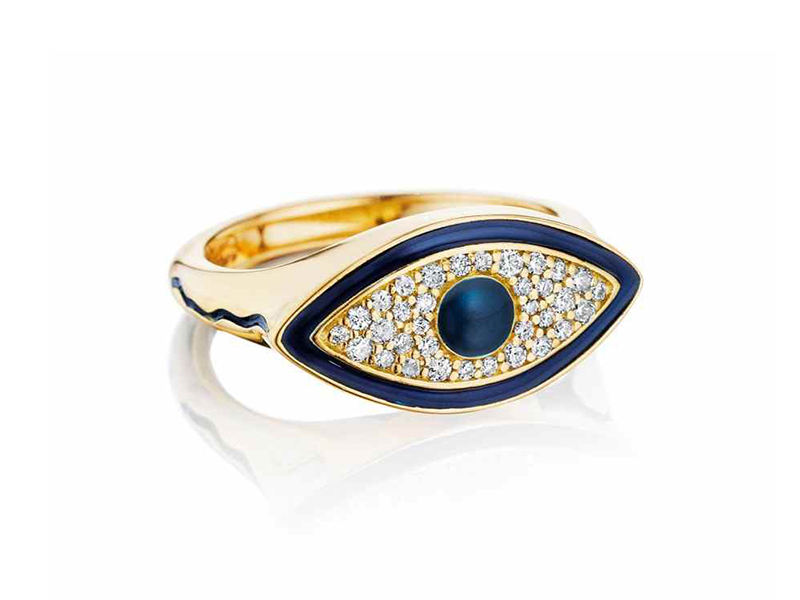 Misahara Evil Eye Signet Ring made with white diamonds set in 18ct gold 