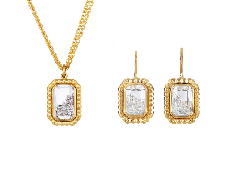 Moritz Glik - Necklace and Earrings mounted on yellow gold with diamonds enclosed in a white sapphire Kaleidoscope shaker