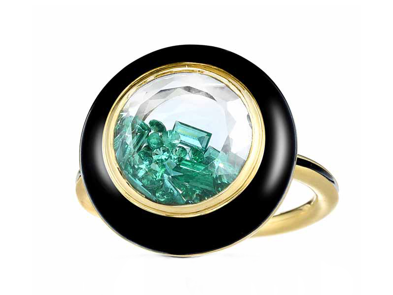 Moritz Glik - Apollo ring mounted on yellow gold and black enamel with emeralds enclosed in a white kaleidoscope shaker