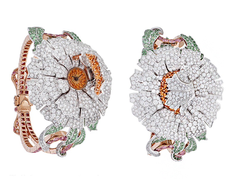 Van Cleef & Arpels - Montre Pivoine Secret avec cadran en or jaune serti de grenats spessartites, et des pétales en or blanc et diamants ronds