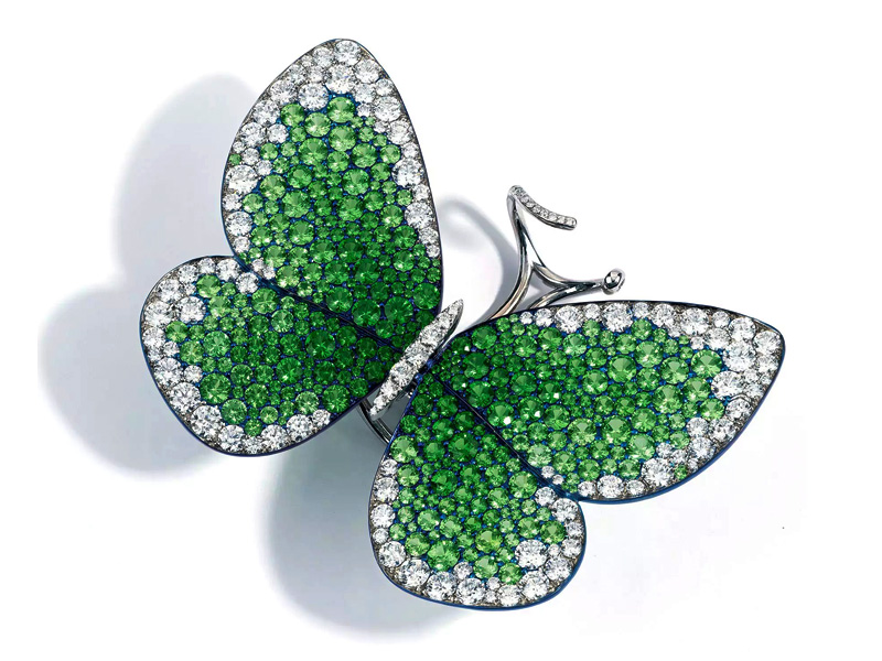 Glenn Spiro - Papillon ring made in blue titanium with tsavorites and diamonds