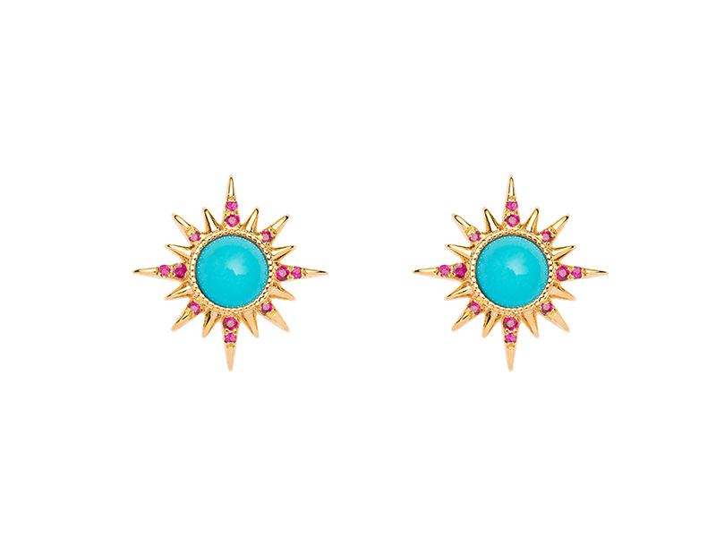 Jenny Dee Jewelry - Electra Earrings mounted on yellow gold with turquoises cabochons and rubies available on The Eye of Jewelry store