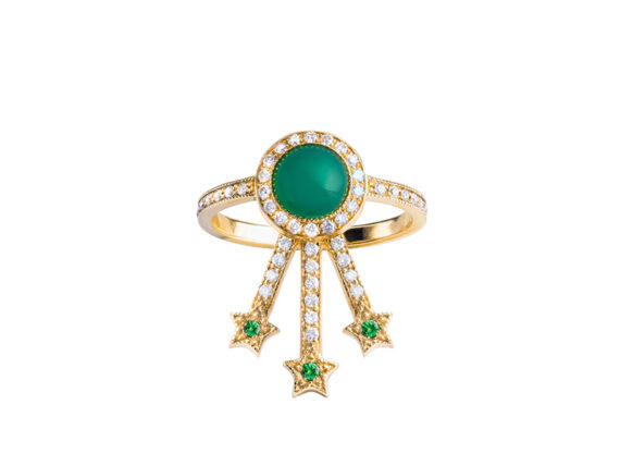 Jenny Dee Jewelry - Green Agate Alcylone Ring mounted on yellow gold with white diamonds. From the Pleiadee collection available online on The Eye of Jewelry store