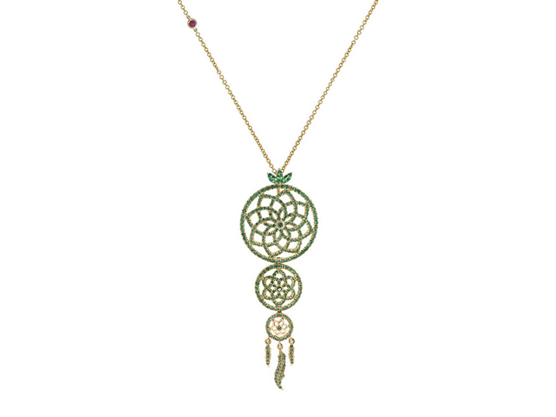 Laura Sayan - Pendentif Yeraz Dream Catcher serti de tsavorites vertes en or jaune. Disponible en ligne sur The Eye of Jewelry's Shop