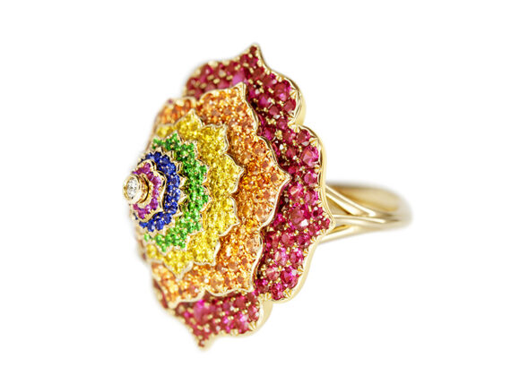 Caspita - Ring 7 Chakras Troubilon coloured stones mounted on yellow gold set with rubies, sapphires, amethysts and diamond