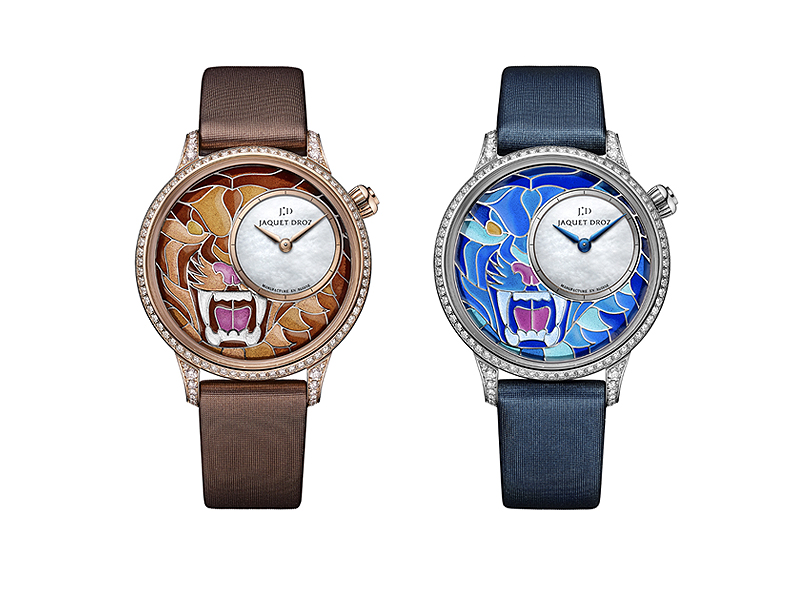 Jaquet Droz - Petite Heure Minute Watches set with diamonds and plique-à-jour enamel on gold