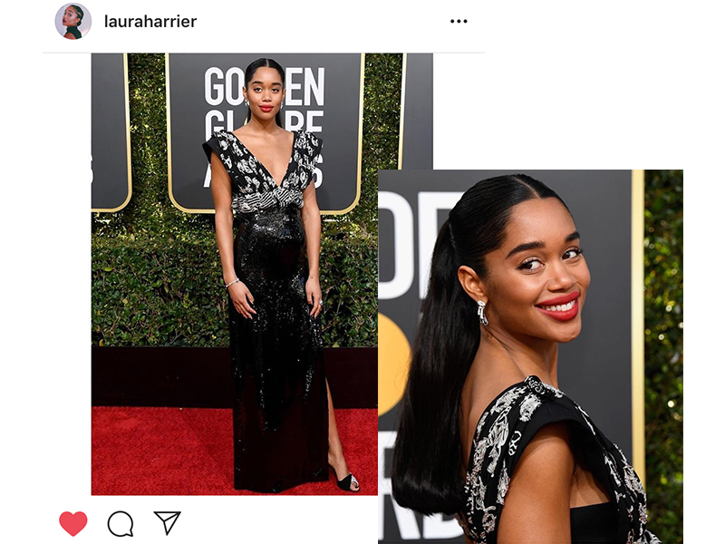 Bvlgari - Laura Harrier wore a ring and earrings from the Wild Pop High Jewelry collection. Golden Globes 2019