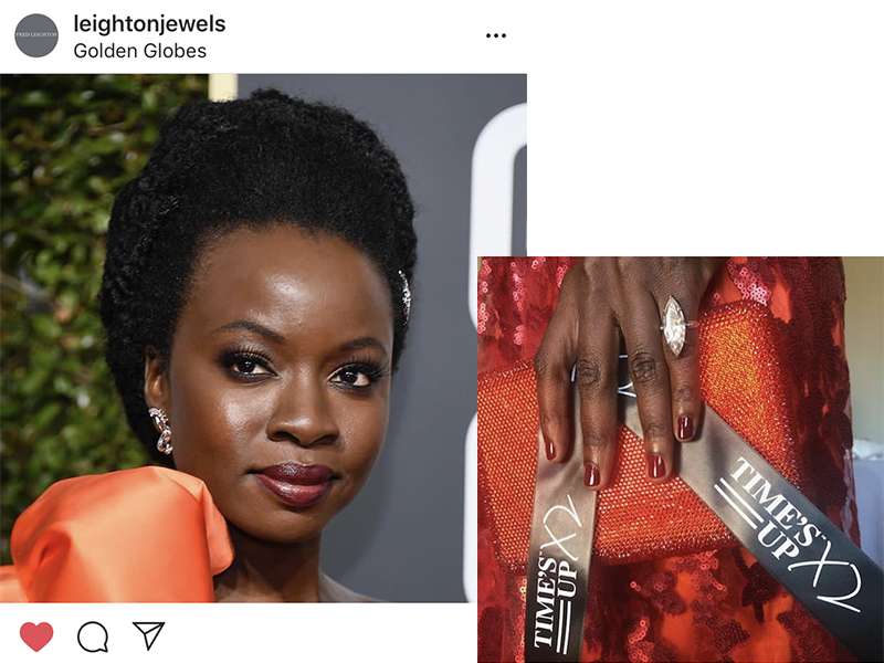 Fred Leighton - Danai Gurira wore a pair of 1930s diamond, a 10 carat marquise diamond ring and platinum swirl brooches worn in the hair. Golden Globes 2019