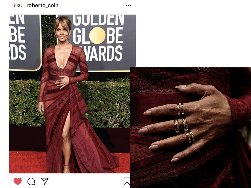 Roberto Coin - Halle Berry wore Oro Classic rings and Symphony rings. Golden Globes 2019