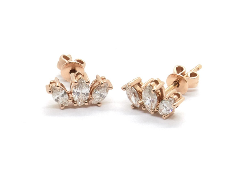 Nathalie Marie - Boucles d'oreilles en or rose 14 carats serti de trois diamants taille marquise