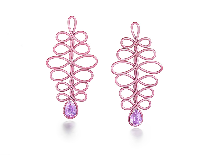 Suzanne Syz - Boucles d'oreille "Baroque-Rock" en or rose et aluminium serti de 2 Kunzites et de diamants 