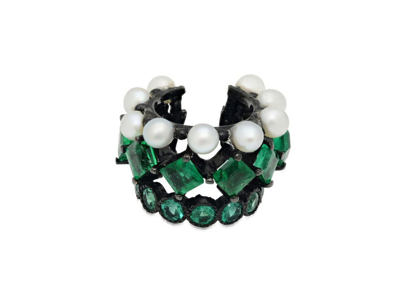 Colette Jewelry - Bague d'oreille "Princess" en or noir sertie d'émeraudes et de perles 