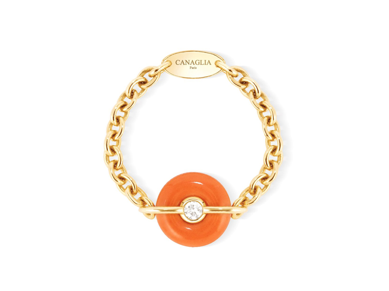 Canaglia - Bague chaine une bouée en or jaune et corail