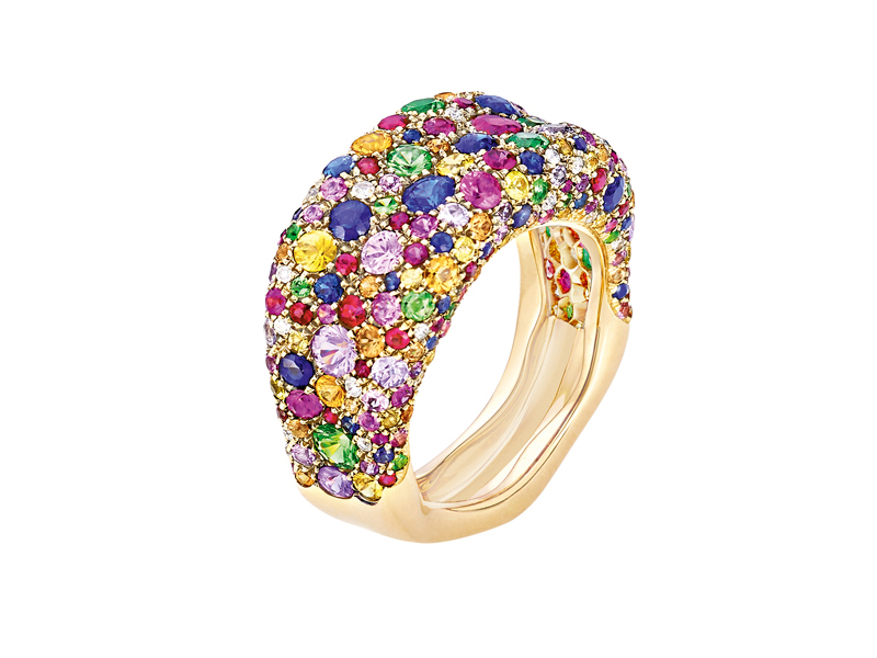 Fabergé - Emotion Ring mounted on yellow gold set with diamonds, sapphires, emeralds, rubies and tsavorties Emotion Ring