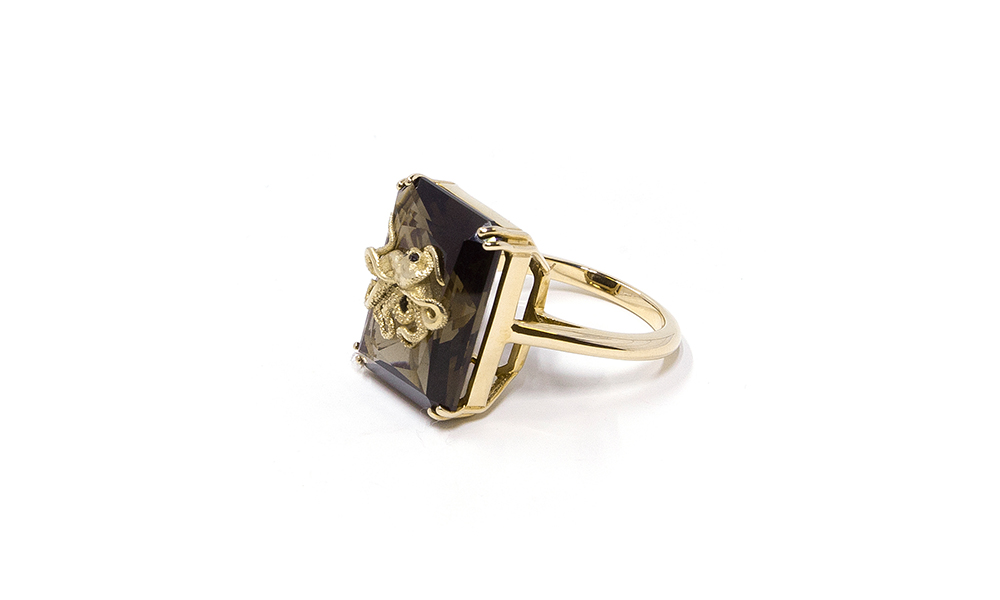 Alexia Demblum 9 carats gold ring , smoky quartz and set with 2 little black diamonds