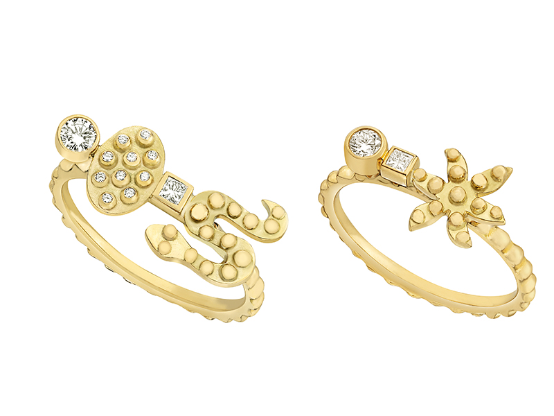 Gaya - Snake and Star rings mounted on yellow gold with diamonds