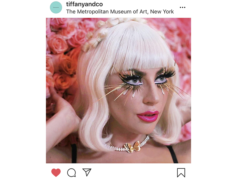 Tiffany & Co. - Lady Gaga wore a Tiffany Blue Book collection butterfly necklace mounted on 18k yellow gold set with ethically sourced princess-cut diamonds of over 28 carats.