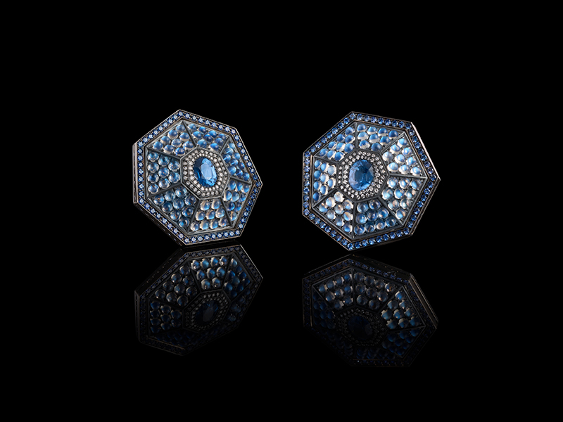 Oselieri-Racine - Heptagon earrings mounted on white gold and blackened silver set with 2 spinels, moonstones, sapphires and diamonds