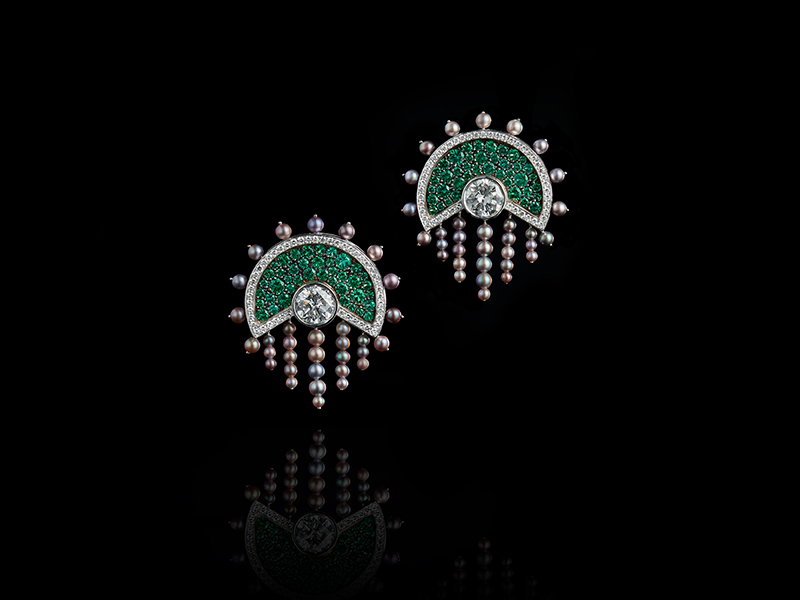 Oselieri-Racine - Lampiao earrings mounted on white and blackened gold set with diamonds, emeralds and natural pearls 