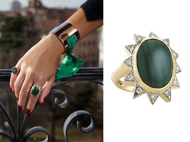 Nomad Jewels - Green Athina ring mounted on yellow gold with malachite and white diamonds