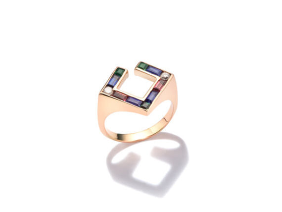 Jolly Bijou - Open square ring mounted on 14ct rose gold set with sapphires, tourmalines and diamonds