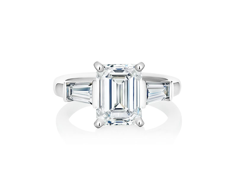 De Beers - DB Classic Emerald Cut Solitaire Ring with tapered baguettes