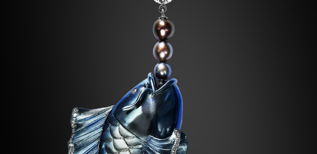 “LONGMEN” Titanium, natural pearls and diamonds Chinese dragon-carp pendant