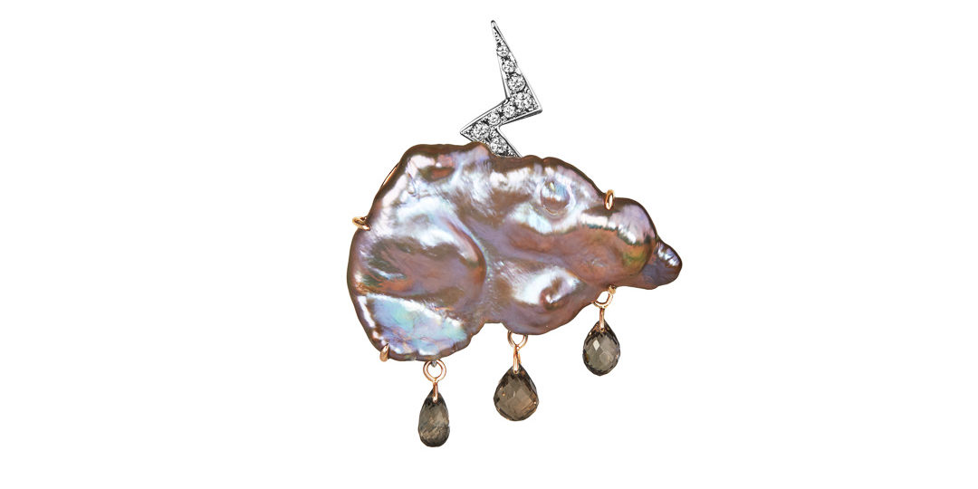Zeus diamond and keshi pearl brooch-pendant